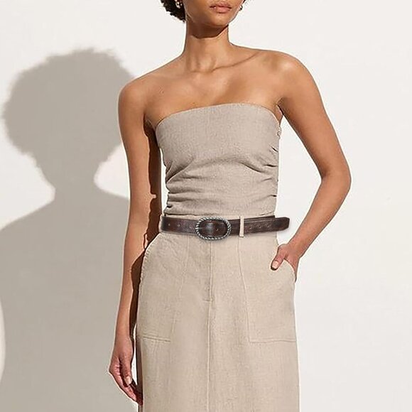 Women Brown Leather Belt Vintage Silver Buckle Waist Strap for Jeans Dresses - Picture 6 of 6